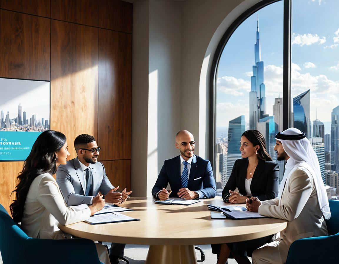 A diverse group of Arab American entrepreneurs gathered around a table, discussing business strategies, with insurance policy documents spread out before them. The background features iconic Arab-American cultural elements, such as architecture and skyline, symbolizing tradition and modernity. A sense of collaboration and empowerment is depicted through expressions and body language. Include motivational quotes about entrepreneurship subtly integrated into the design. vibrant colors. 3D.