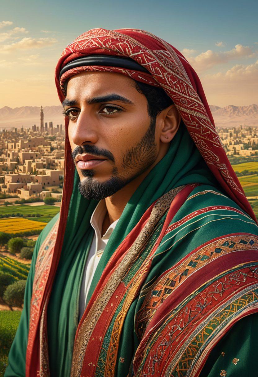 A thoughtful Arab American person analyzing a cityscape map, depicting growth and protection symbols like shields and arrows. Surround this scene with elements representing diverse business sectors such as tech, agriculture, and retail, all interconnected with a vibrant network of ideas. Integrate cultural motifs and colors that reflect the Arab heritage for depth and identity. super-realistic. vibrant colors. 3D.