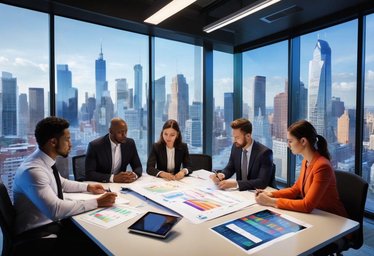 A dynamic office scene featuring a diverse group of business professionals gathered around a table, analyzing insurance documents and charts on digital screens, symbolizing growth and collaboration. Include elements like a thriving city skyline through the window and notes showcasing various types of insurance. The atmosphere should evoke a sense of empowerment and insight. vibrant colors. super-realistic.